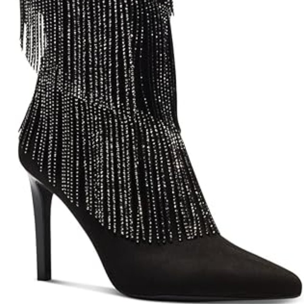 INC Womens Black Metallic Fringed Shynf Pointed Toe Stiletto Knee-Hi Dress Boot - Picture 7 of 7